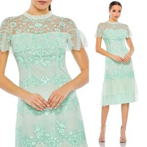 Mac Duggal NEW Mint‎ Embroidered Ruffled Cap Sleeve Midi Dress A35147 - Size 18